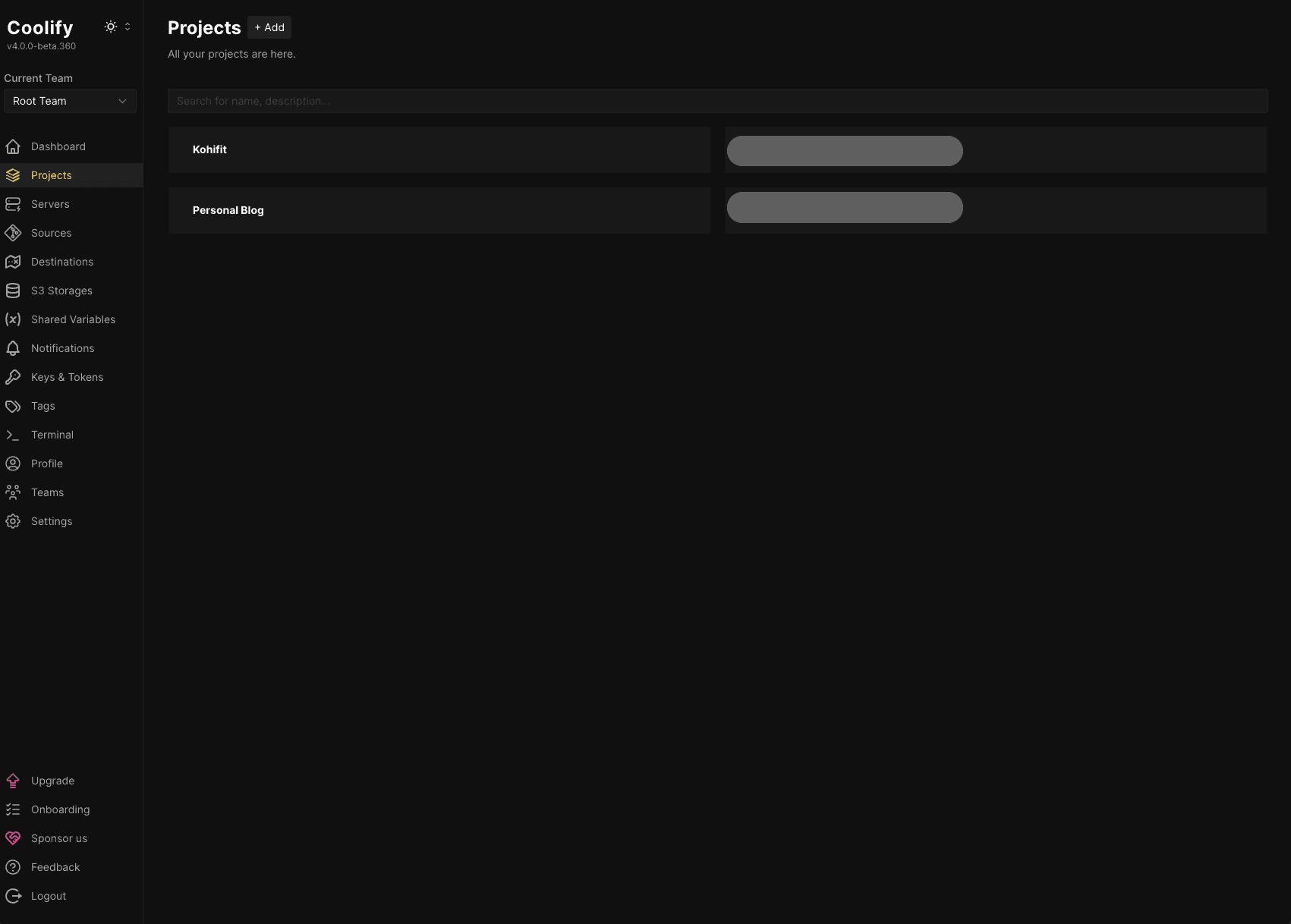 Coolify dashboard