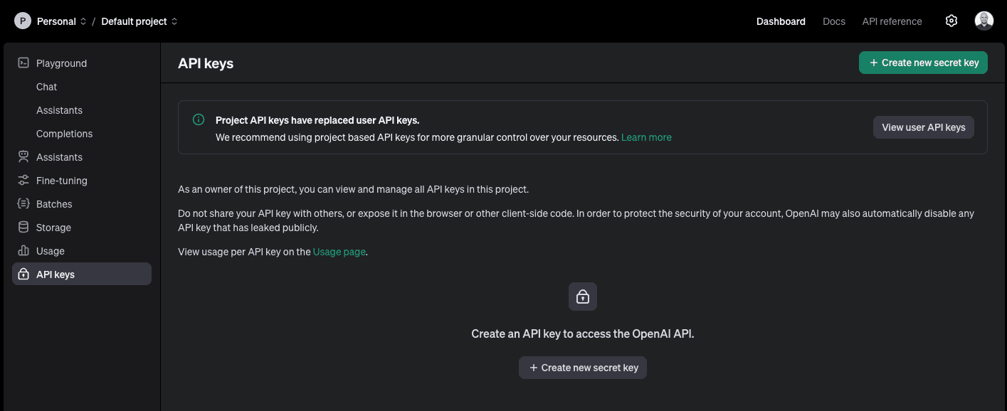 OpenAI API key dashboard